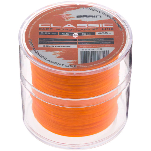Леска Brain Classic Carp Line (solid orange) 600m 0.25mm 15lb 6.6kg