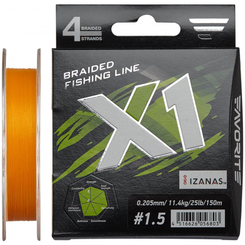 Шнур Favorite X1 PE 4x 150m (orange) #1.5/0.205mm 25lb/11.4kg